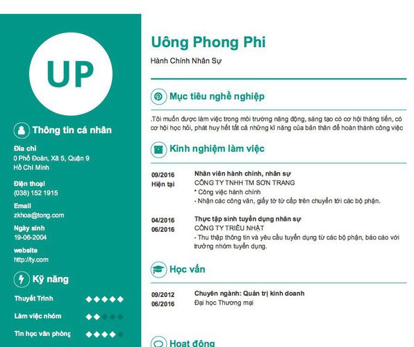 Mẫu CV Hành Chính Nhân Sự