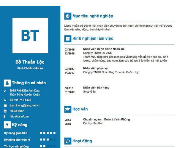 Mẫu CV Hành Chính Nhân sự