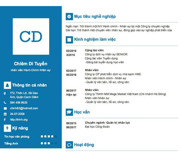 Mẫu CV nhân viên Hành Chính Nhân sự