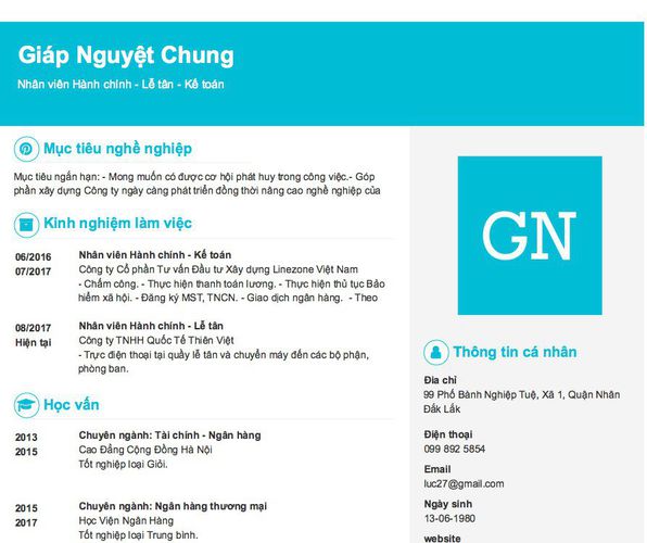 Mẫu CV Nhân viên Hành chính - Lễ tân - Kế toán