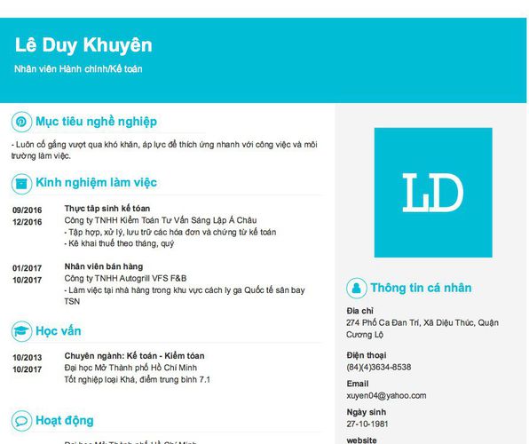 Mẫu CV Nhân viên Hành chính/Kế toán