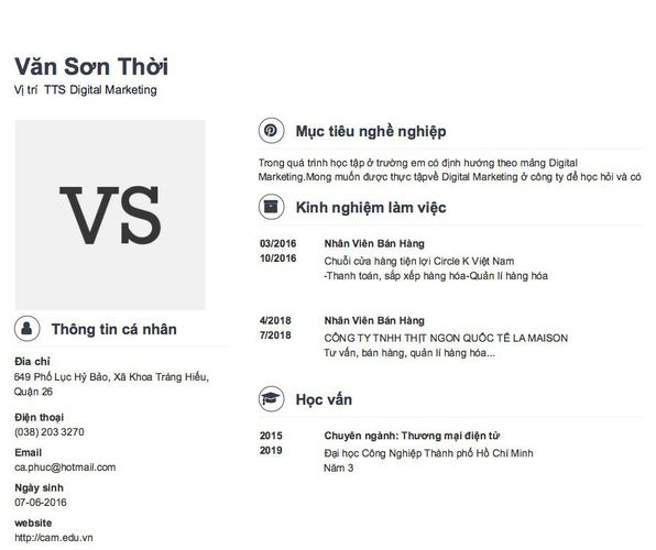 Gợi ý cách viết Mẫu CV tham khảo Vị trí  TTS Digital Marketing