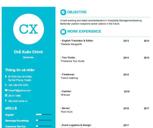 Gợi ý cách viết Mẫu CV tham khảo Bartender
