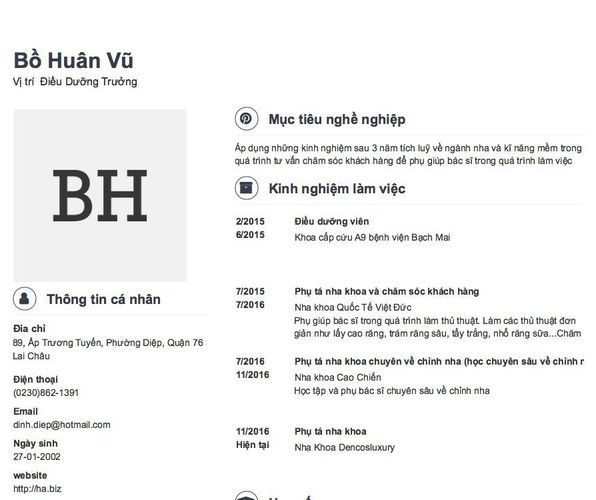 Gợi ý cách viết Mẫu CV tham khảo Vị trí  Điều Dưỡng Trưởng