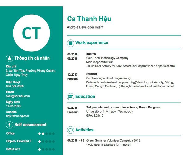 Gợi ý cách viết Mẫu CV tham khảo Android Developer Intern