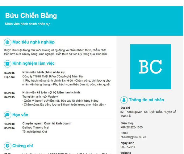 Mẫu CV Nhân viên hành chính nhân sự