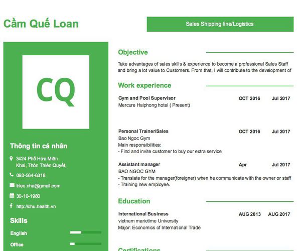 Mẫu CV Sales Shipping line/Logistics