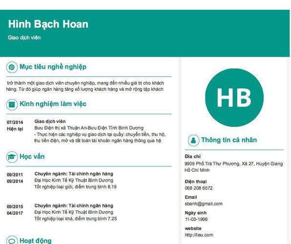 Mẫu CV Giao dịch viên