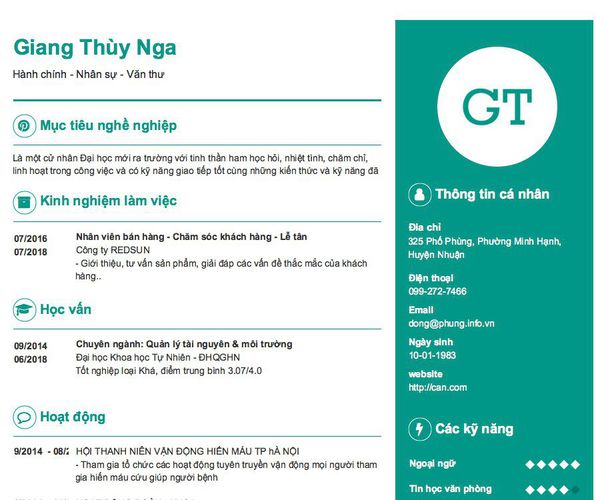 Mẫu CV Hành chính - Nhân sự - Văn thư