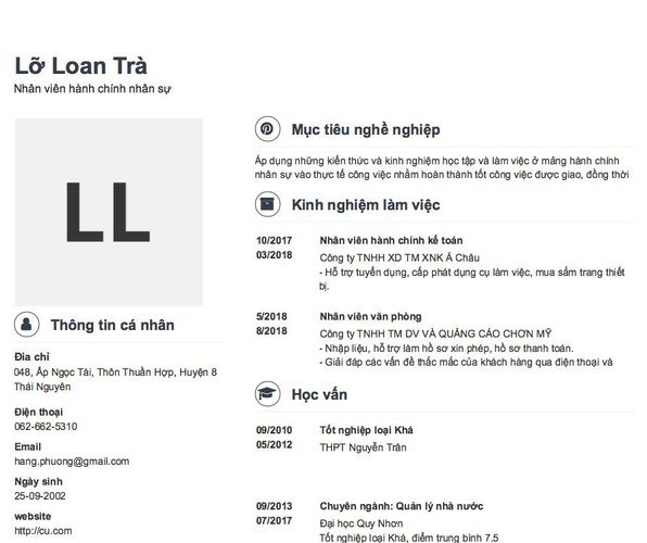 Mẫu CV Nhân viên hành chính nhân sự