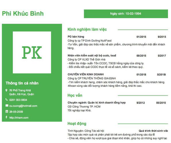 Gợi ý cách viết Mẫu CV tham khảo Ngày sinh: 10-02-1994