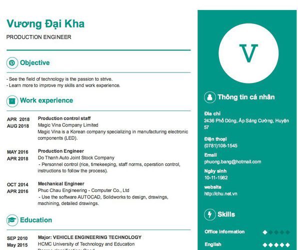 Gợi ý cách viết Mẫu CV tham khảo PRODUCTION ENGINEER