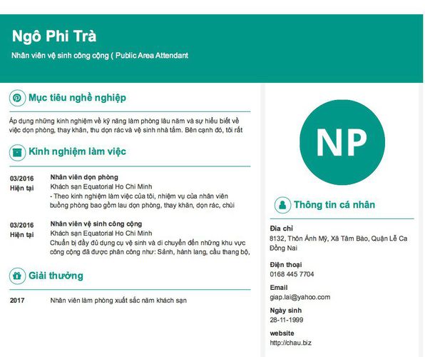Gợi ý cách viết Mẫu CV tham khảo Nhân viên vệ sinh công cộng ( Public Area Attendant