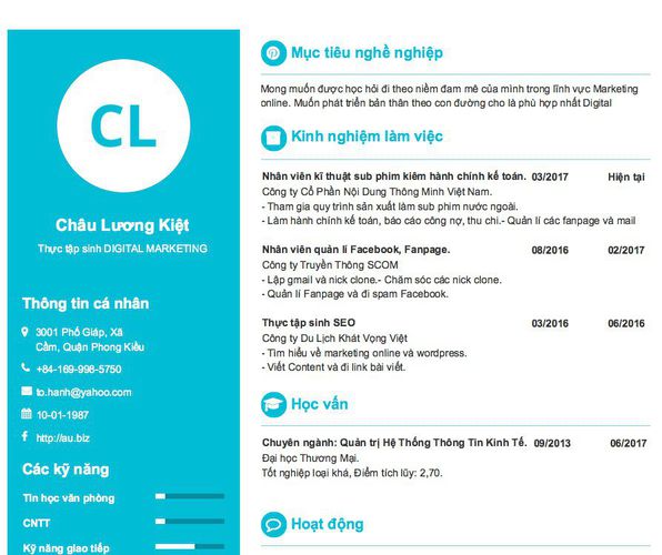 Gợi ý cách viết Mẫu CV tham khảo Thực tập sinh DIGITAL MARKETING