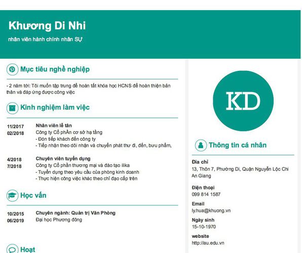 Mẫu CV nhân viên hành chính nhân SỰ