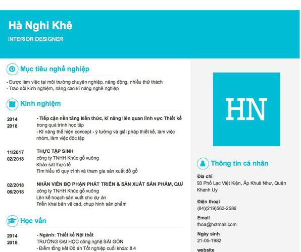 Gợi ý cách viết Mẫu CV tham khảo INTERIOR DESIGNER