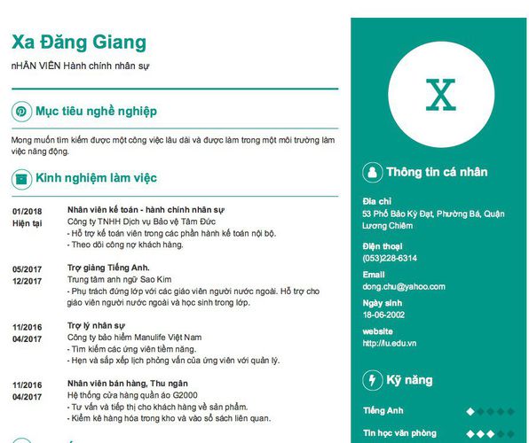 Mẫu CV nHÂN VIÊN Hành chính nhân sự