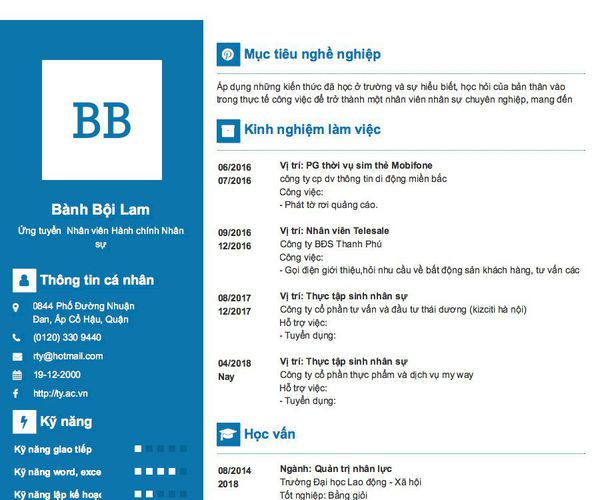 Mẫu CV Ứng tuyển  Nhân viên Hành chính Nhân sự