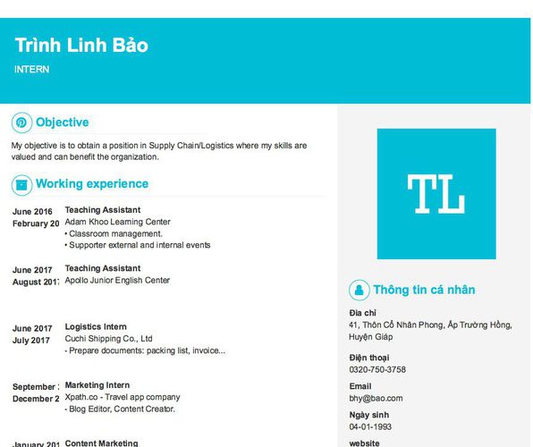 Gợi ý cách viết Mẫu CV tham khảo INTERN