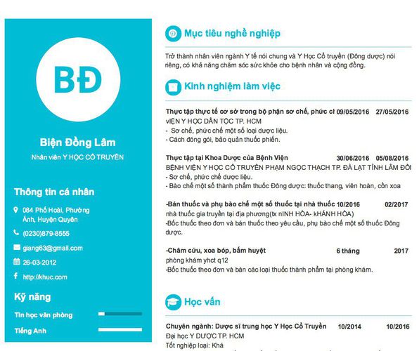 Gợi ý cách viết Mẫu CV tham khảo Nhân viên Y HỌC CỔ TRUYỀN