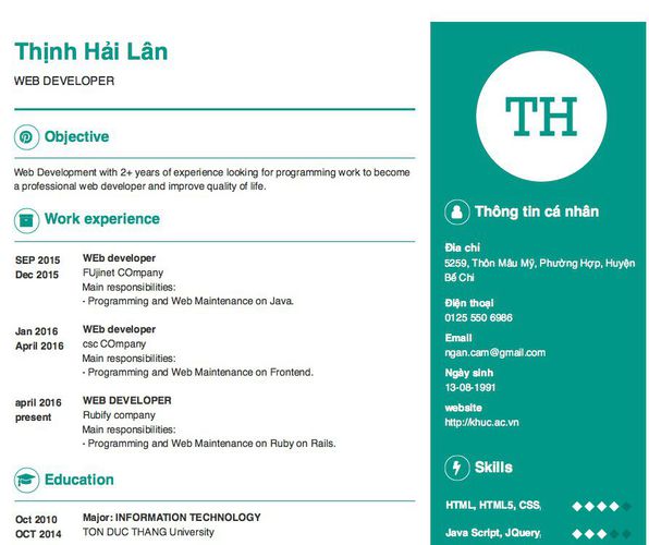 Gợi ý cách viết Mẫu CV tham khảo WEB DEVELOPER