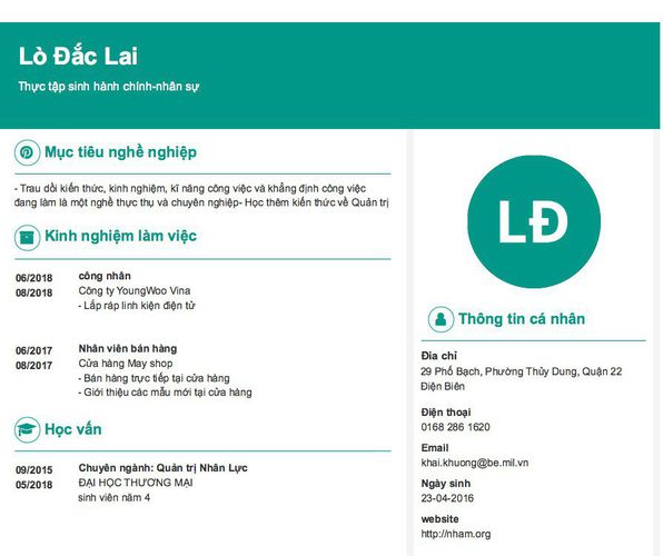 Mẫu CV Thực tập sinh hành chính-nhân sự