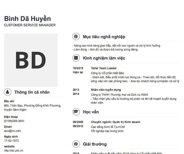 Gợi ý cách viết Mẫu CV tham khảo CUSTOMER SERVICE MANAGER