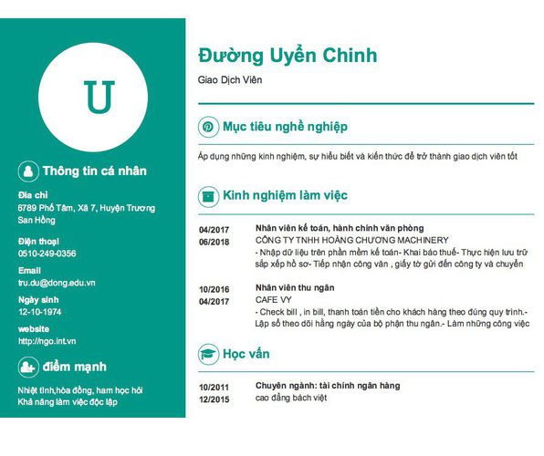 Mẫu CV Giao Dịch Viên