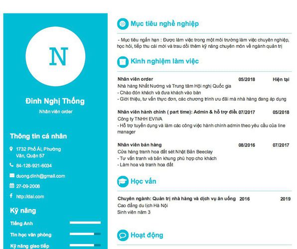 Gợi ý cách viết Mẫu CV tham khảo Nhân viên order