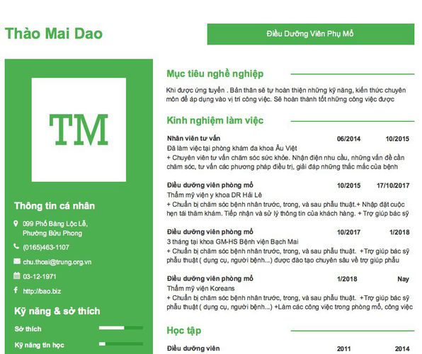 Gợi ý cách viết Mẫu CV tham khảo Điều Dưỡng Viên Phụ Mổ