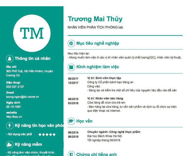 Gợi ý cách viết Mẫu CV tham khảo NHÂN VIÊN PHÂN TÍCH PHÒNG lab