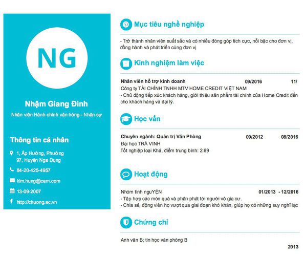 Mẫu CV Nhân viên Hành chính văn hòng - Nhân sự