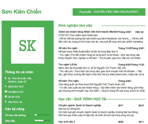 Gợi ý cách viết Mẫu CV tham khảo Ứng tuyển   CHUYÊN VIÊN CẮM HOA (FLORIST)