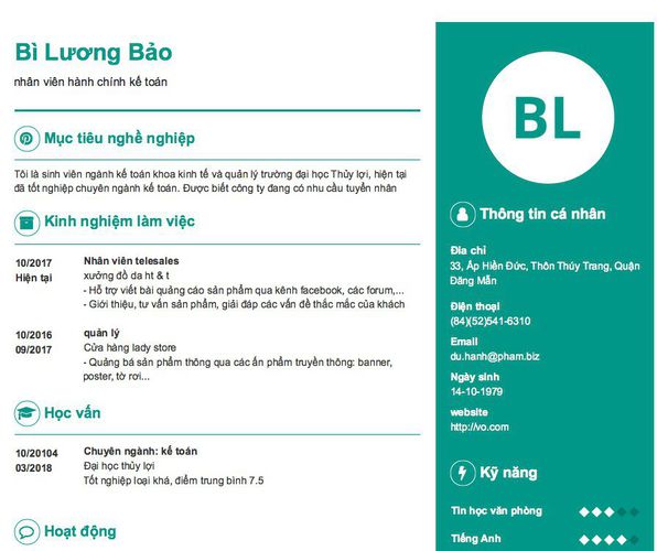 Mẫu CV nhân viên hành chính kế toán