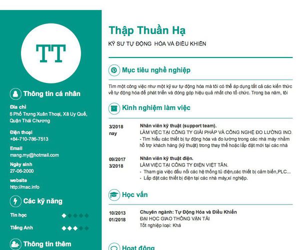 Gợi ý cách viết Mẫu CV tham khảo KỸ SƯ TỰ ĐỘNG  HÓA VÀ ĐIỀU KHIỂN