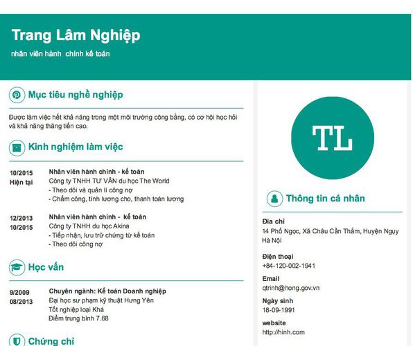 Mẫu CV nhân viên hành  chính kế toán