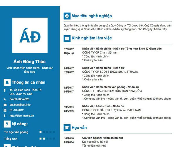 Mẫu CV vỊ trí  nhân viên hành chính - Nhân sự tổng hợp