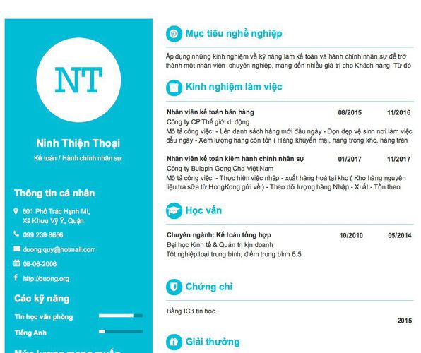 Mẫu CV Kế toán / Hành chính nhân sự