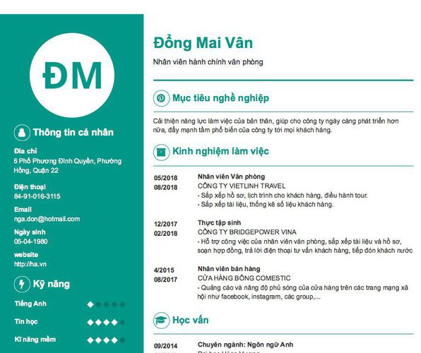 Mẫu CV Nhân viên hành chính văn phòng