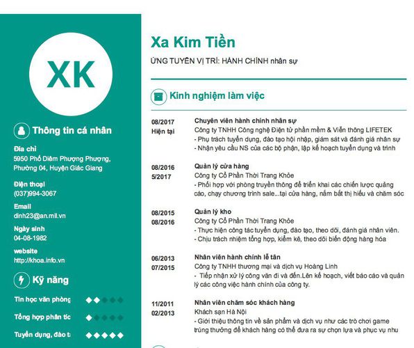 Mẫu CV ỨNG TUYỂN VỊ TRÍ: HÀNH CHÍNH nhân sự