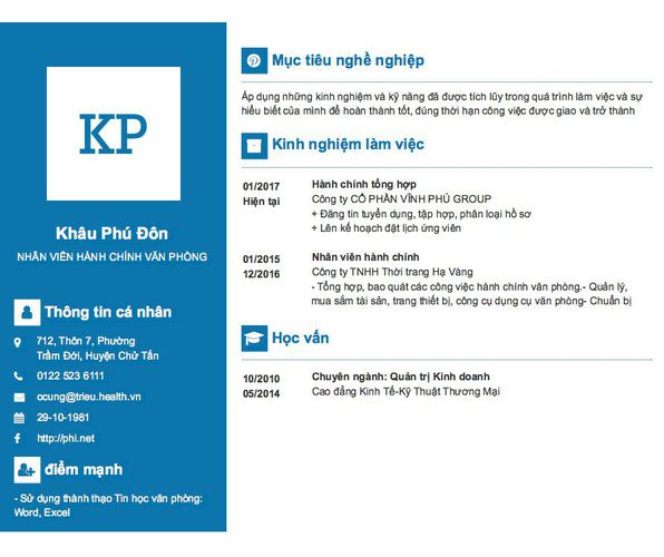 Mẫu CV NHÂN VIÊN HÀNH CHÍNH VĂN PHÒNG