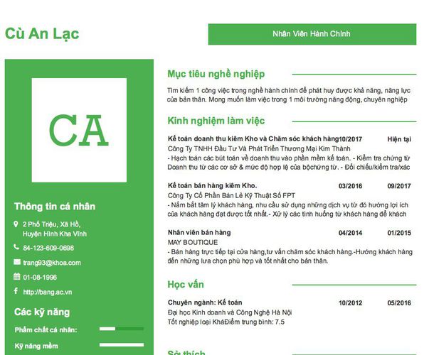 Mẫu CV Nhân Viên Hành Chính