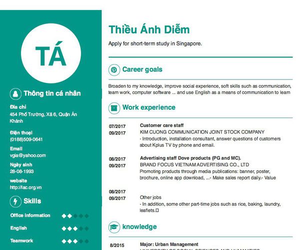 Gợi ý cách viết Mẫu CV tham khảo Apply for short-term study in Singapore.