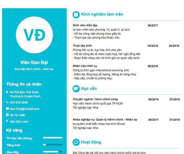 Mẫu CV thực tập hành chính - nhân sự