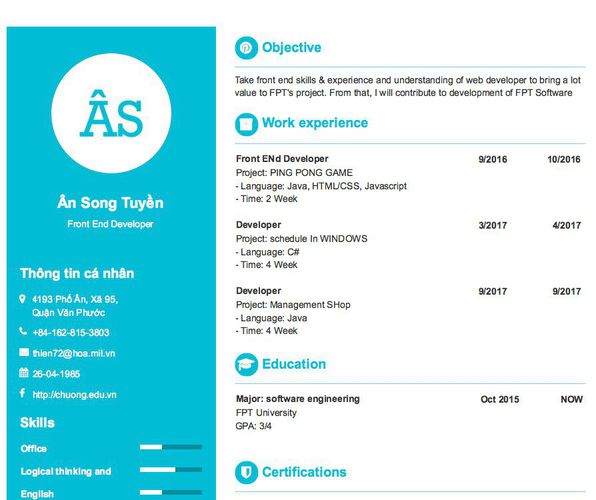 Gợi ý cách viết Mẫu CV tham khảo Front End Developer