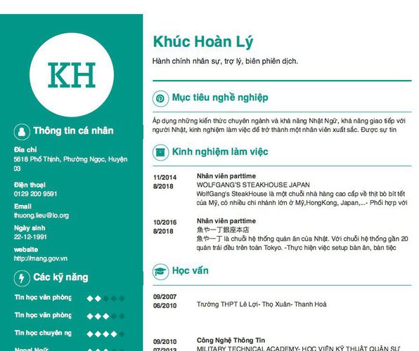 Mẫu CV Hành chính nhân sự, trợ lý, biên phiên dịch.