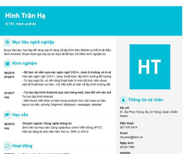 Mẫu CV Vị TRí  Intern android