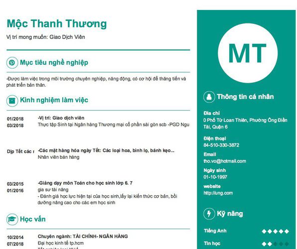 Mẫu CV Vị trí mong muốn: Giao Dịch Viên 