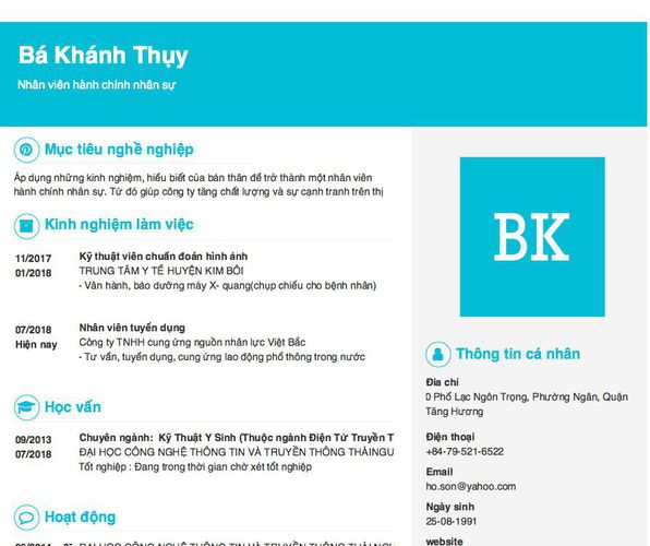 Mẫu CV Nhân viên hành chính nhân sự