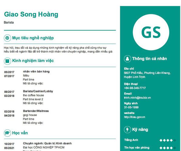 Gợi ý cách viết Mẫu CV tham khảo Barista